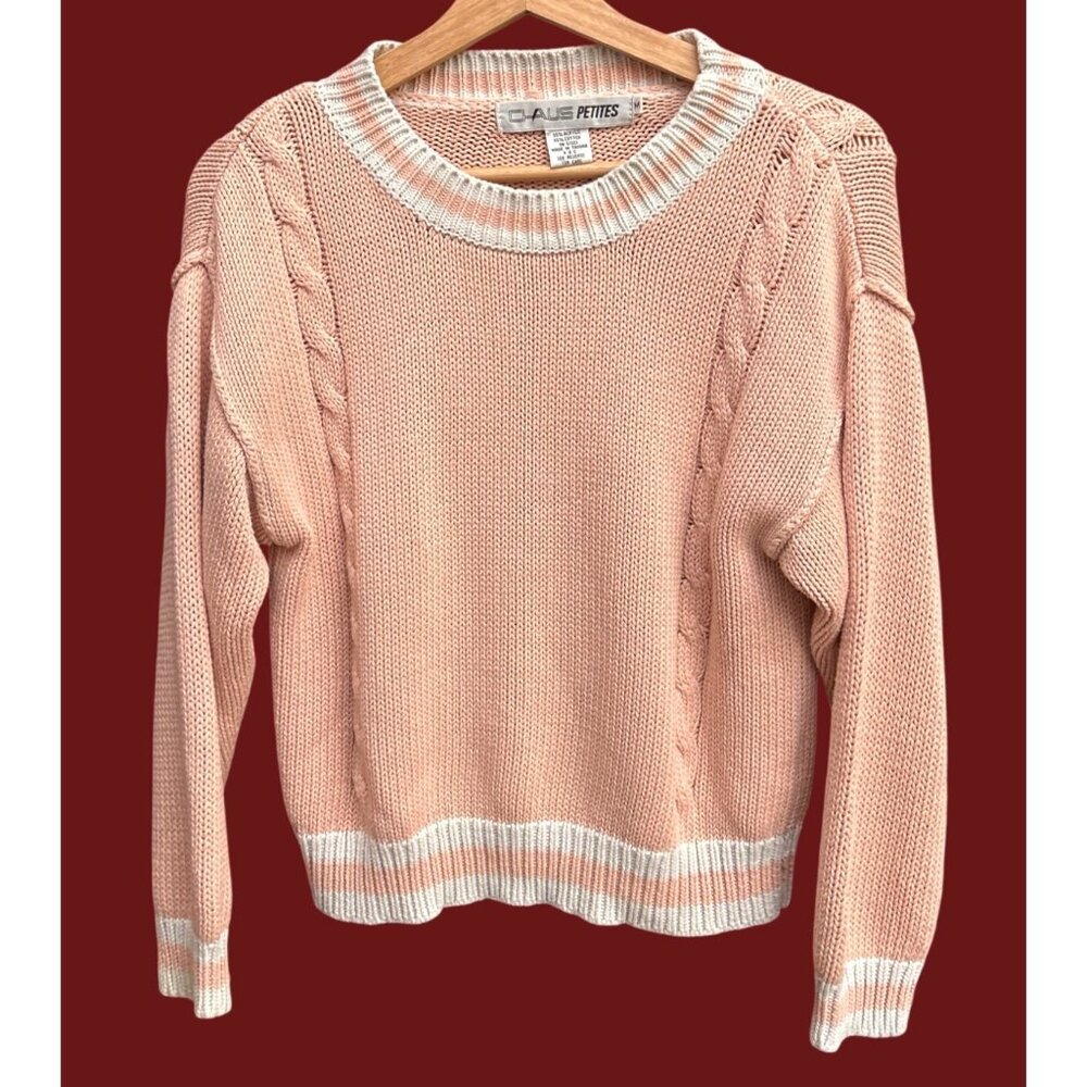Vintage Chaus Petites Pink Cable Knit Sweater Crewneck Preppy Old Money 80s 90s